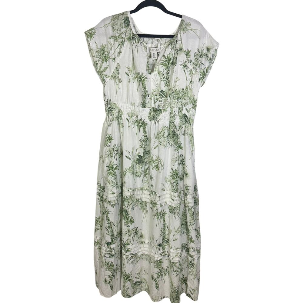 Rachel Zoe Linen Blend Tropical Toile Midi Maxi Dress Green White Womens Large